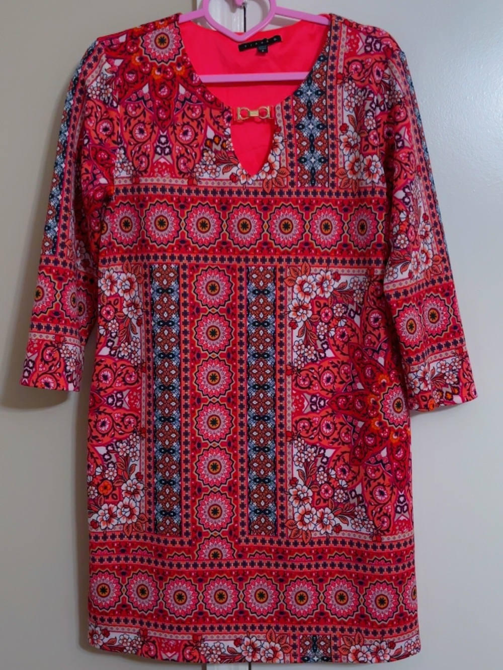 Tiana B. Pink and Coral Printed Midi Shift Dress